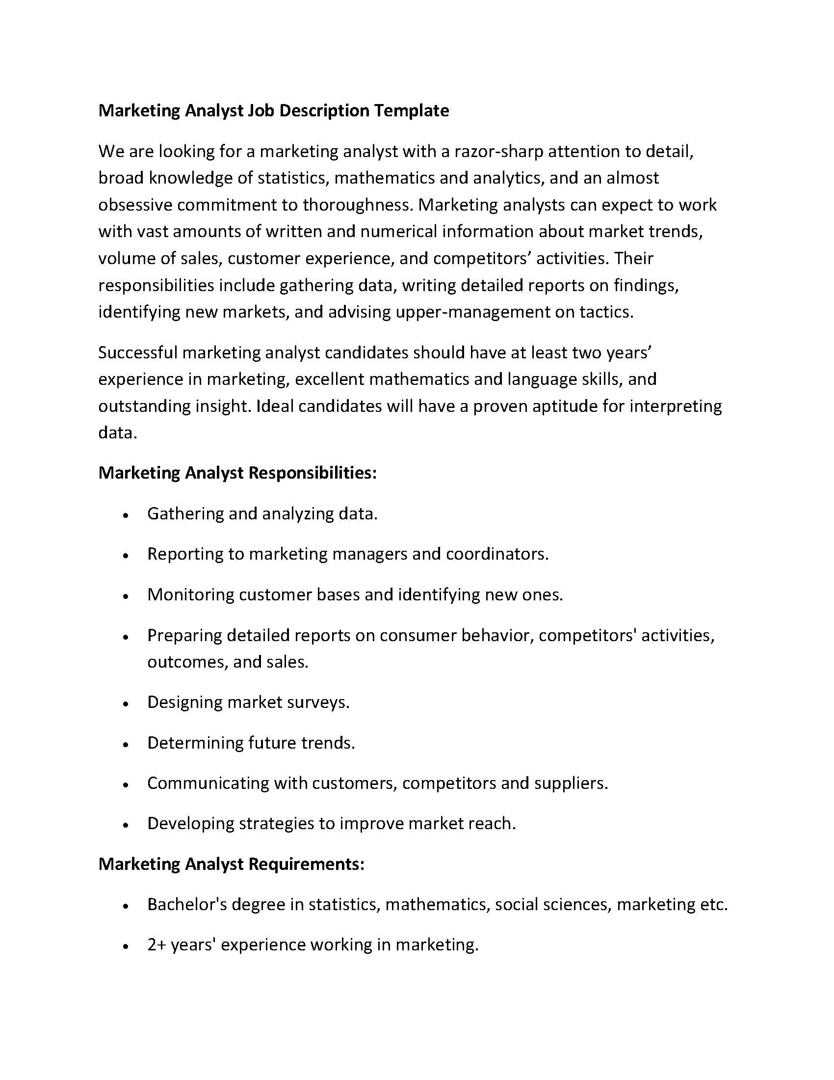 Marketing Analyst Job Description Template